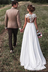 Lace Appliques Wedding Dresses, Cap-Sleeves Beach Bridal Gown