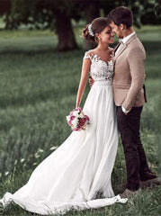 Lace Appliques Wedding Dresses, Cap-Sleeves Beach Bridal Gown
