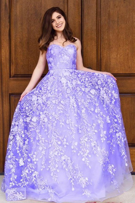 Sweetheart Tulle Long Prom Dresses, Appliques Long Formal Gown