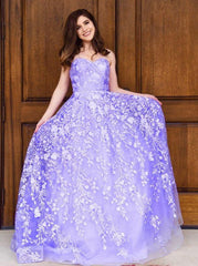 Sweetheart Tulle Long Prom Dresses, Appliques Long Formal Gown
