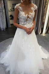 Delicate Boho Wedding Dresses, Sheer Round Neck Tulle Bridal Gowns