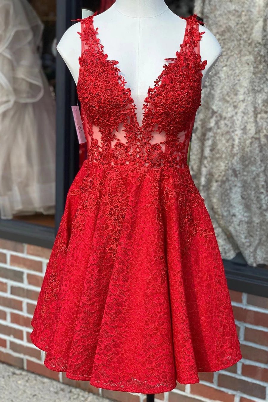 A-Line V-Neck Lace Red Short Homecoming Party Dress
