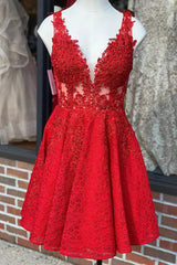 A-Line V-Neck Lace Red Short Homecoming Party Dress