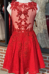 A-Line V-Neck Lace Red Short Homecoming Party Dress