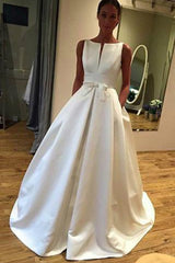 Bateau Neckline Satin Bridal Gowns, Simple Wedding Dress with Pockets