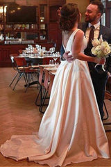 Bateau Neckline Satin Bridal Gowns, Simple Wedding Dress with Pockets