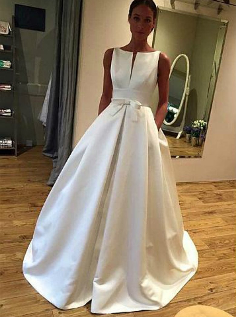 Bateau Neckline Satin Bridal Gowns, Simple Wedding Dress with Pockets