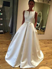 Bateau Neckline Satin Bridal Gowns, Simple Wedding Dress with Pockets