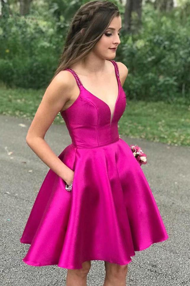 A-Line Fuchsia Homecoming Dress with Pockets