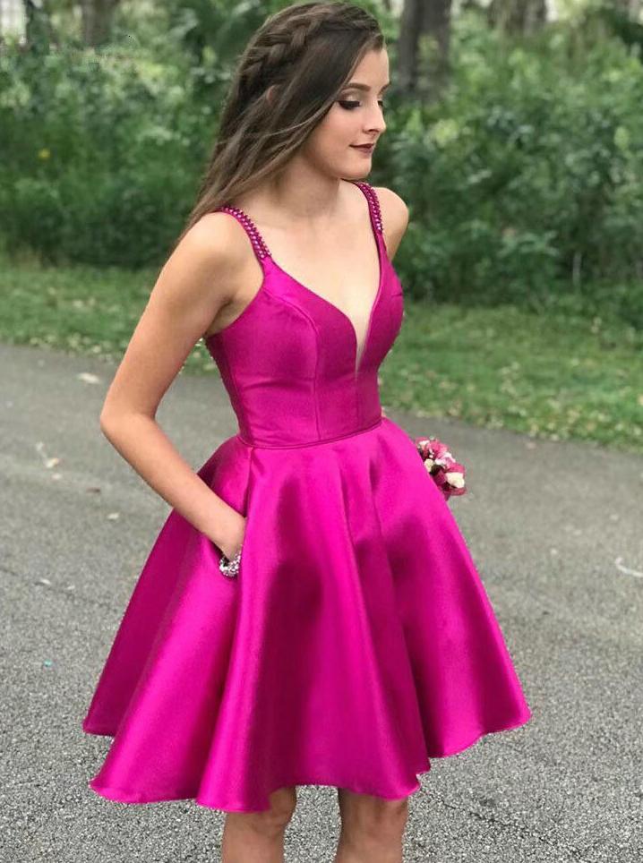A-Line Fuchsia Homecoming Dress with Pockets