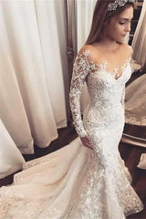 Mermaid Long Sleeve Lace Applique Wedding Dresses with Beading