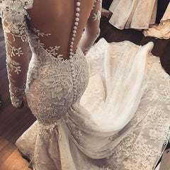 Mermaid Long Sleeve Lace Applique Wedding Dresses with Beading