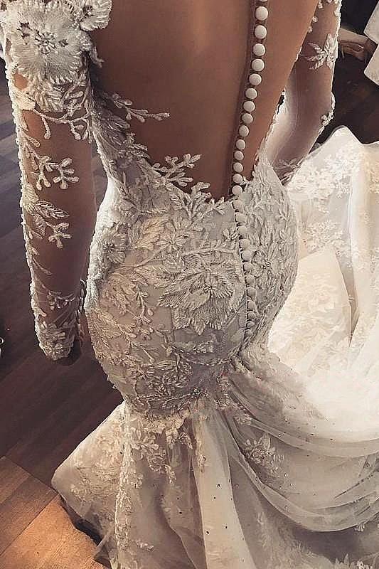 Mermaid Long Sleeve Lace Applique Wedding Dresses with Beading
