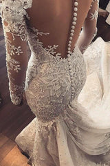Mermaid Long Sleeve Lace Applique Wedding Dresses with Beading