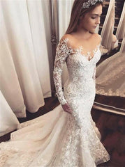Mermaid Long Sleeve Lace Applique Wedding Dresses with Beading