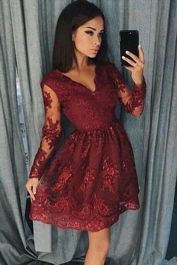 Burgundy Long Sleeve Lace Short Homecoming Dress