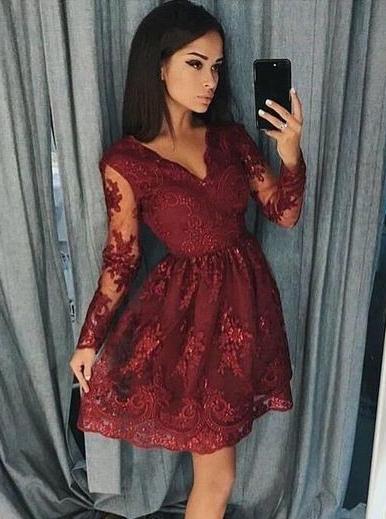 Burgundy Long Sleeve Lace Short Homecoming Dress