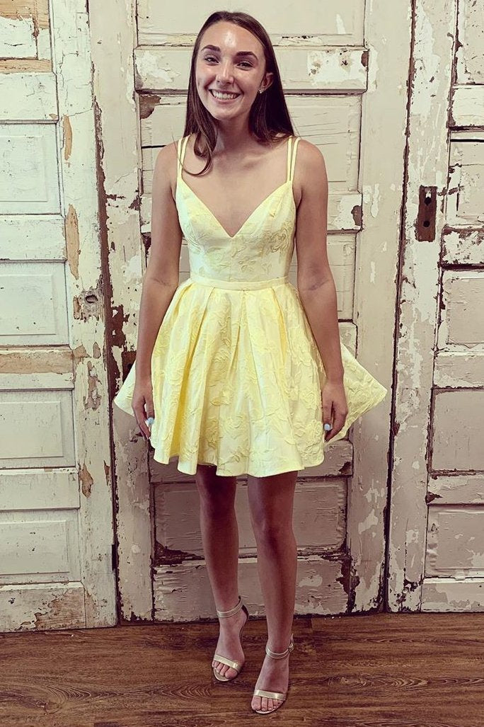 Double Straps V-Neck Yellow Short Prom Homecoming Dress