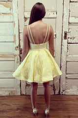 Double Straps V-Neck Yellow Short Prom Homecoming Dress