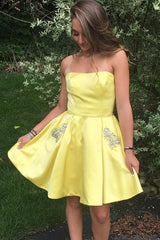 Daffodil Strapless Short Homecoming Dress with Beaded Pockets