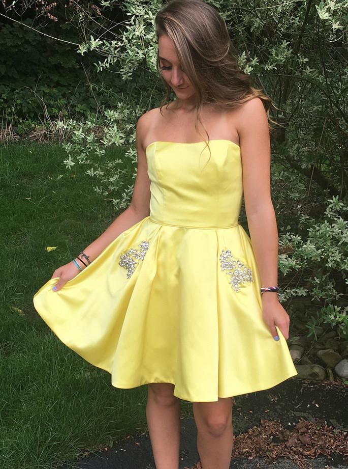 Daffodil Strapless Short Homecoming Dress with Beaded Pockets