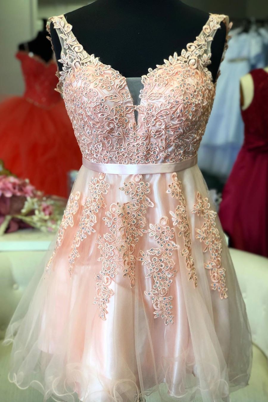Cute A-Line Short Pink Homecoming Dress with Lace Appliques