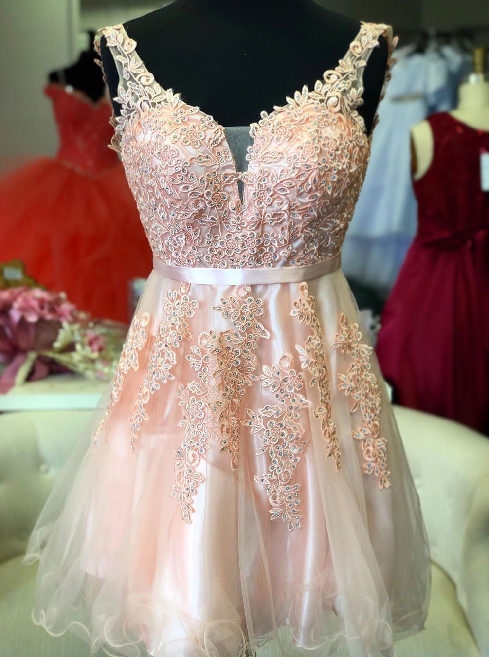 Cute A-Line Short Pink Homecoming Dress with Lace Appliques