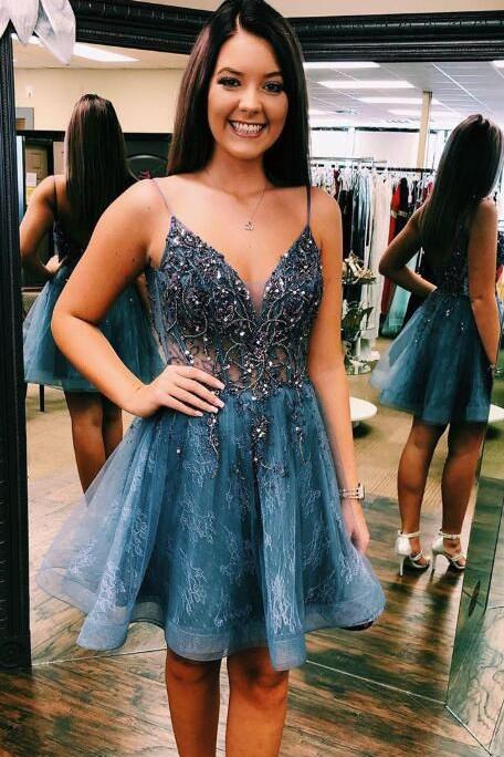 A-Line V-Neck Short Homecoming Dress with Beading