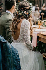 Flowy Long Sleeve Lace Backless Wedding Dresses, Beach Chiffon Bridal Gown