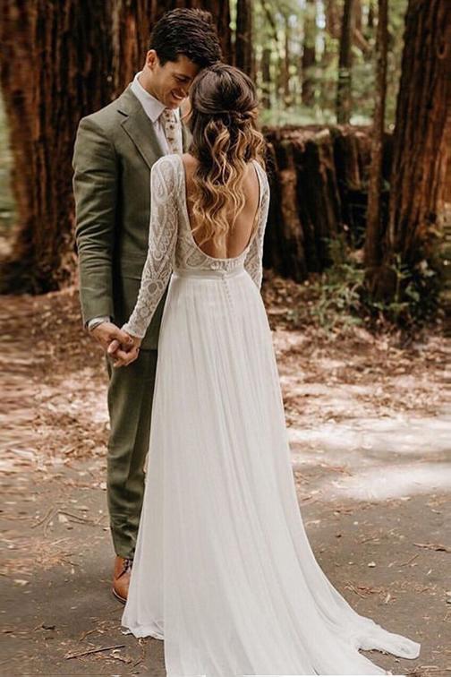 Flowy Long Sleeve Lace Backless Wedding Dresses, Beach Chiffon Bridal Gown