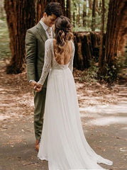 Flowy Long Sleeve Lace Backless Wedding Dresses, Beach Chiffon Bridal Gown
