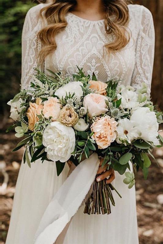 Flowy Long Sleeve Lace Backless Wedding Dresses, Beach Chiffon Bridal Gown