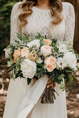 Flowy Long Sleeve Lace Backless Wedding Dresses, Beach Chiffon Bridal Gown
