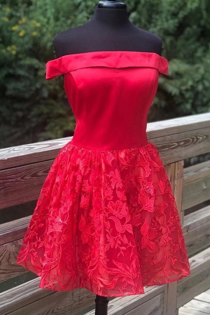 A-Line Off-Shoulder Satin Red Homecoming Dress with Lace Applique