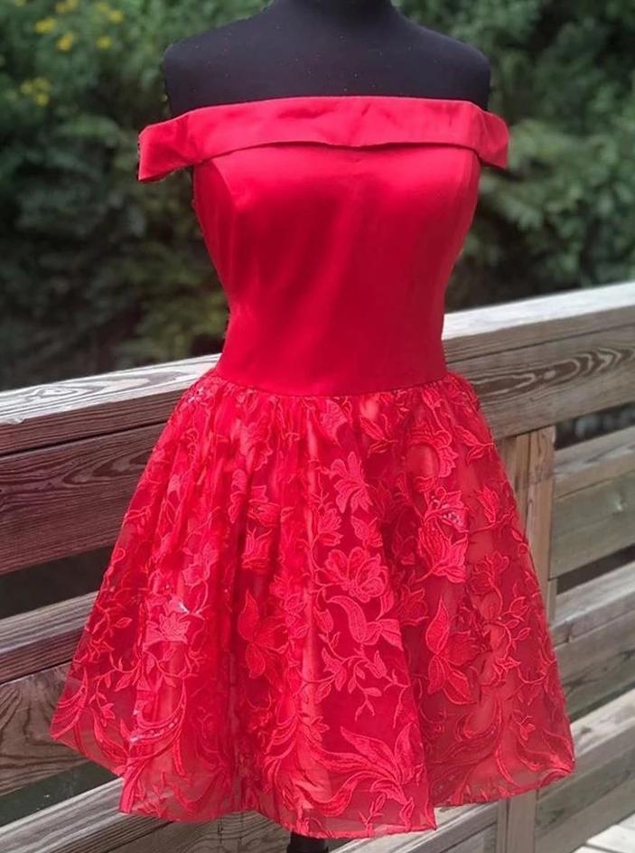 A-Line Off-Shoulder Satin Red Homecoming Dress with Lace Applique