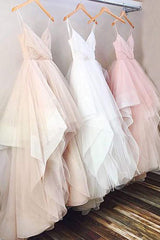 Simple Tulle Prom Dress Spaghetti Straps Ruffles V-Neck Wedding Dresses