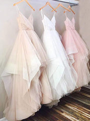 Simple Tulle Prom Dress Spaghetti Straps Ruffles V-Neck Wedding Dresses