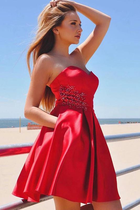 Satin Sweetheart Beaded Red Homecoming Dresses with Pockets