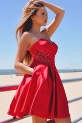 Satin Sweetheart Beaded Red Homecoming Dresses with Pockets