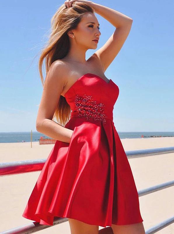 Satin Sweetheart Beaded Red Homecoming Dresses with Pockets