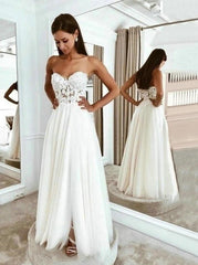 Boho Beach Wedding Dresses Long Lace Applique Tulle Sweetheart Bridal Dress with Split