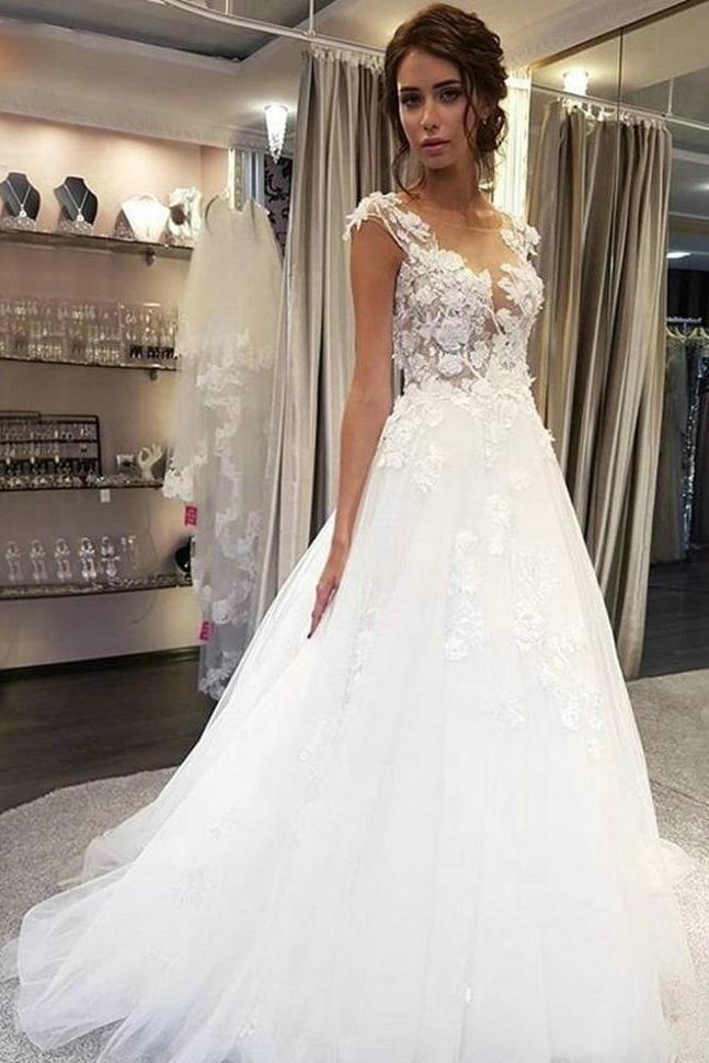 Delicate Boho Wedding Dresses, Sheer Round Neck Tulle Bridal Gowns