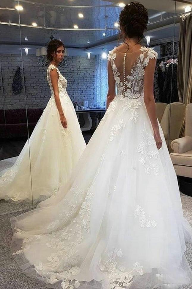 Delicate Boho Wedding Dresses, Sheer Round Neck Tulle Bridal Gowns