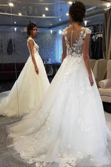 Delicate Boho Wedding Dresses, Sheer Round Neck Tulle Bridal Gowns