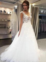 Delicate Boho Wedding Dresses, Sheer Round Neck Tulle Bridal Gowns