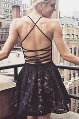 Black A-Line V-Neck Lace Short Prom Homecoming Dress with Pockets