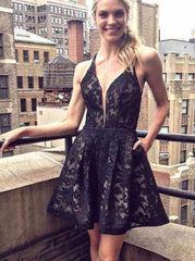 Black A-Line V-Neck Lace Short Prom Homecoming Dress with Pockets