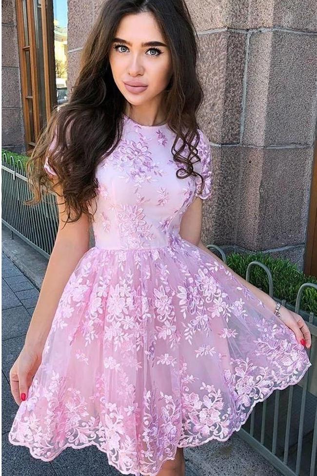 Short Sleeve Lace Pink Homecoming Dresses with Appliques