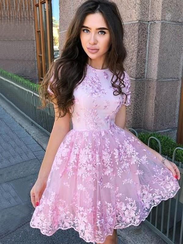 Short Sleeve Lace Pink Homecoming Dresses with Appliques