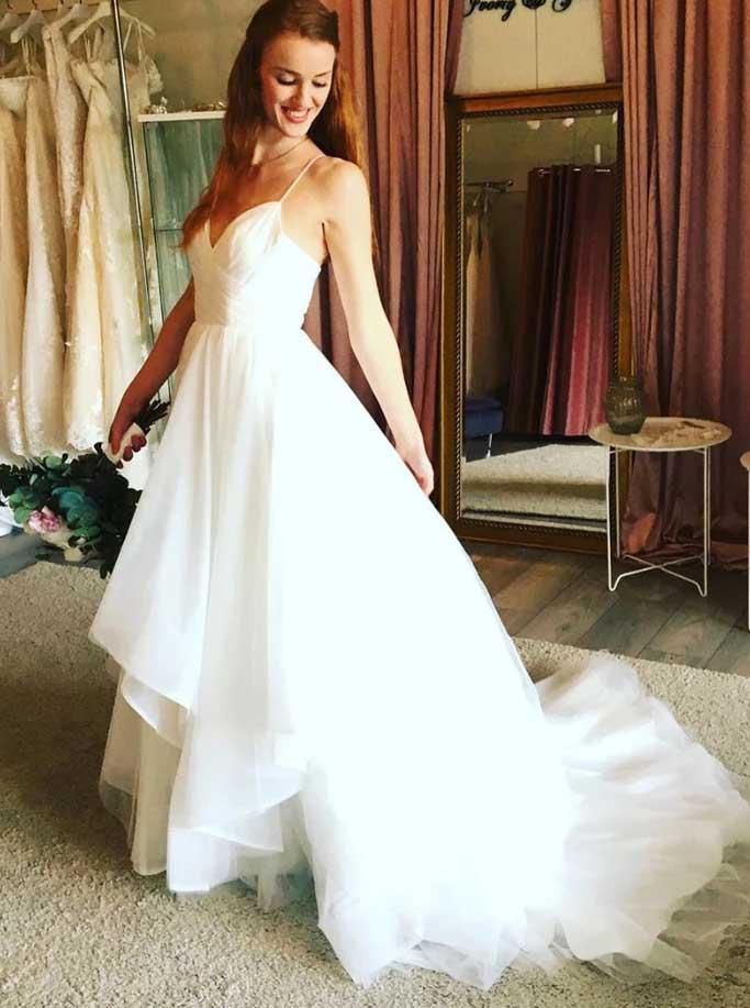 A-Line V-Neck Tulle Spaghetti Strap Wedding Dresses, Boho Bridal Gown